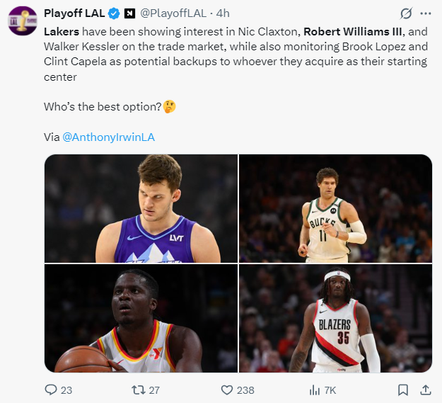 曝湖人3中锋选1！美媒模拟三方案：4换1赵四 6换3凯斯勒 2换2罗威